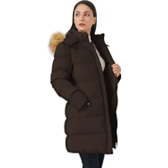 Women's Coffee Winter Thicken Puffer Coat Warm Jacket With Removable Hood
